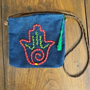 Boutique Hand Stitched Detailed Hamsa Denim Bag Purse Beads Cord Palm Amulet